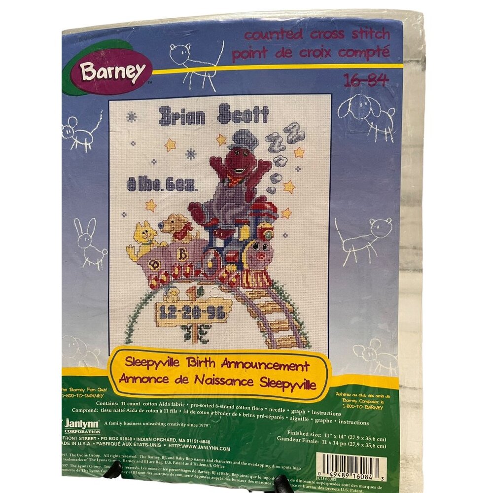 Barney Sleepyville Birth Announcement Counted Cross Stitch Kit 1997 Janlynn NEW